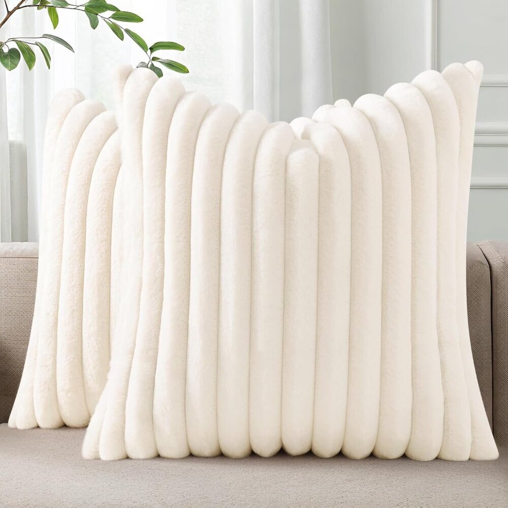 Faux Fur Plush Fall Throw Pillow Covers 18x18 Set of 2, Luxury Soft Fluffy Strip